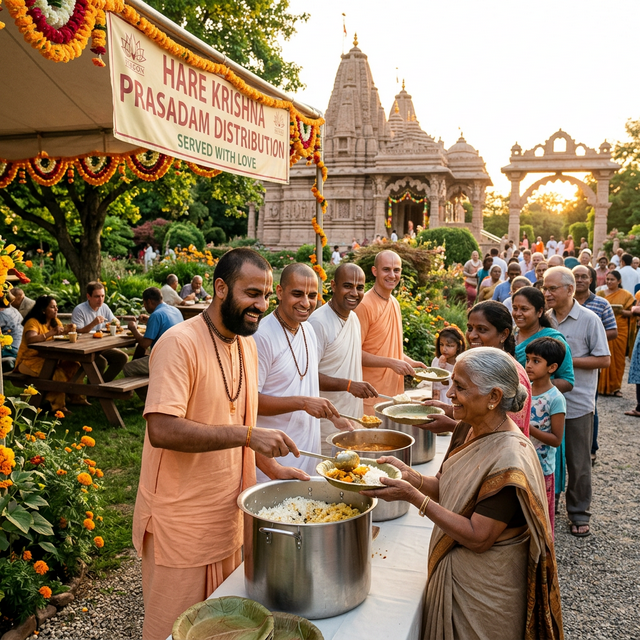 Devotees distributing sanctified food to community members with compassion and joy