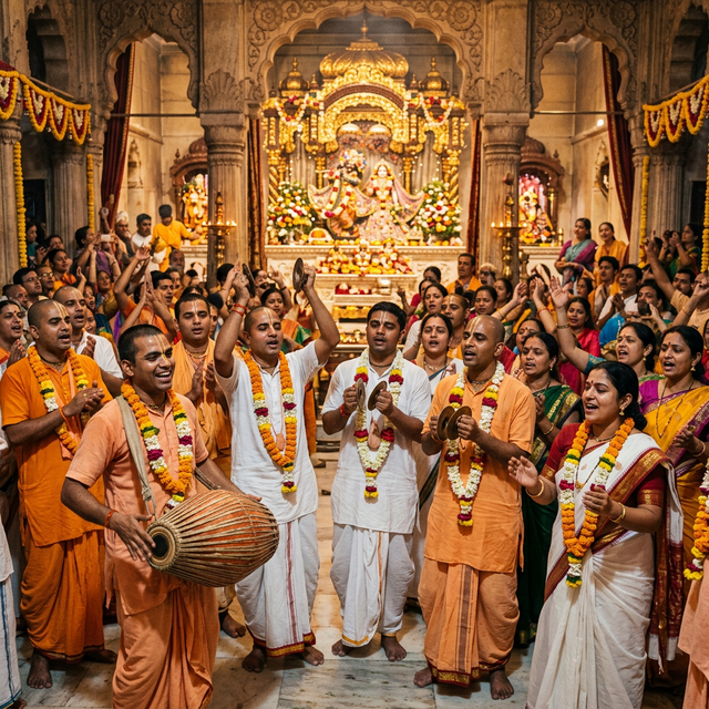 Vibrant kirtan session with devotees performing congregational chanting with traditional musical instruments